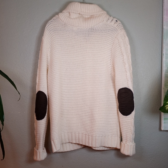 Divided Wool Blend Classic Cable Knit Fisherman White Cardigan Elbow Patches L - Picture 3 of 9